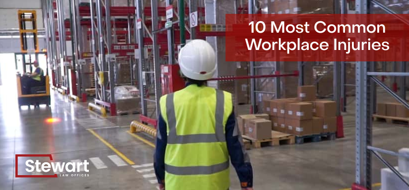 custom branded image - 10 most common workplace injuries with employee walking through warehouse as background image