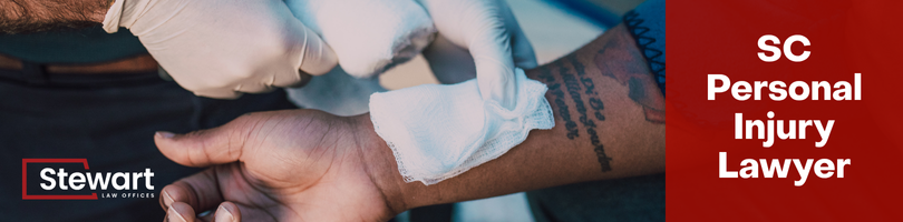 branded image with background of injured individual with gauze on wrist